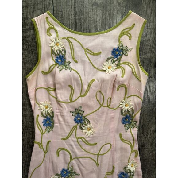 1950s Minx Modes Vintage Garden Cocktail Dress Pink Embroidered Floral Flower XS - Picture 7 of 16